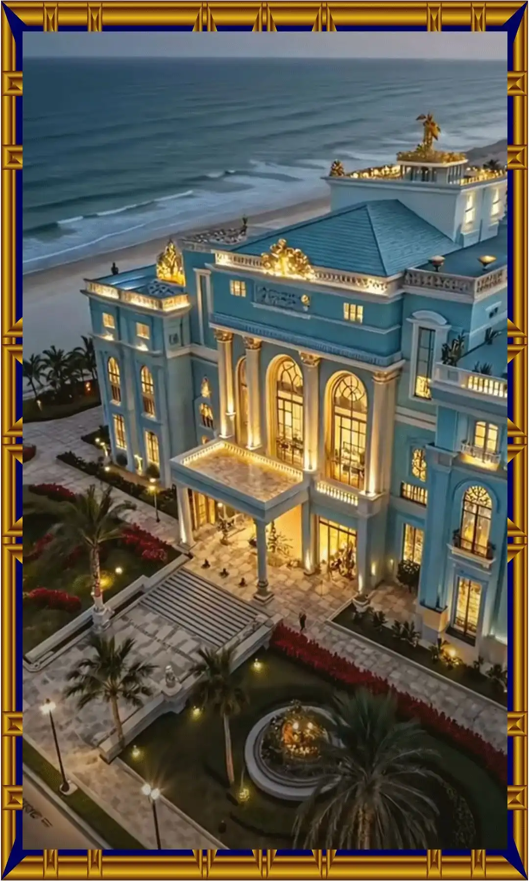 Elegant home exterior with garden landscaping, trees, and decorative elements