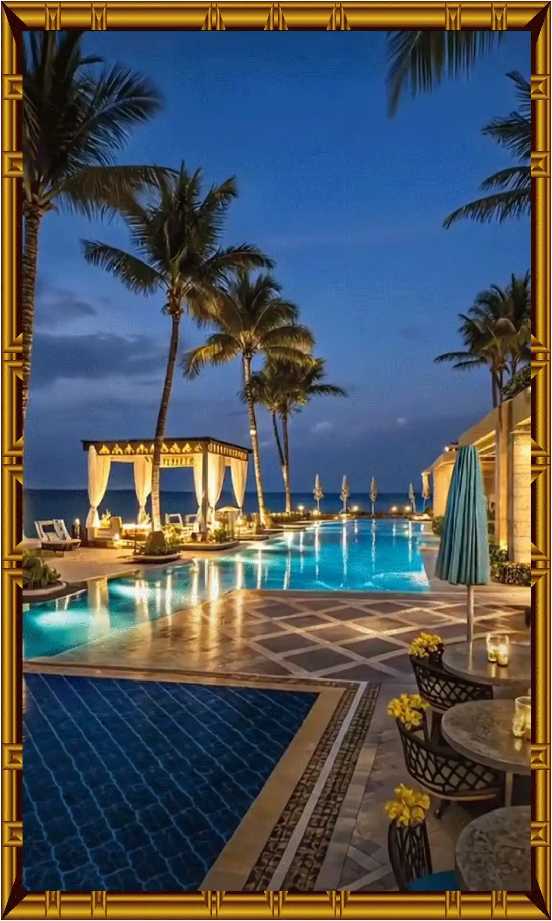 Luxury outdoor decor with illuminated swimming pool, trees, seating area, and night lights