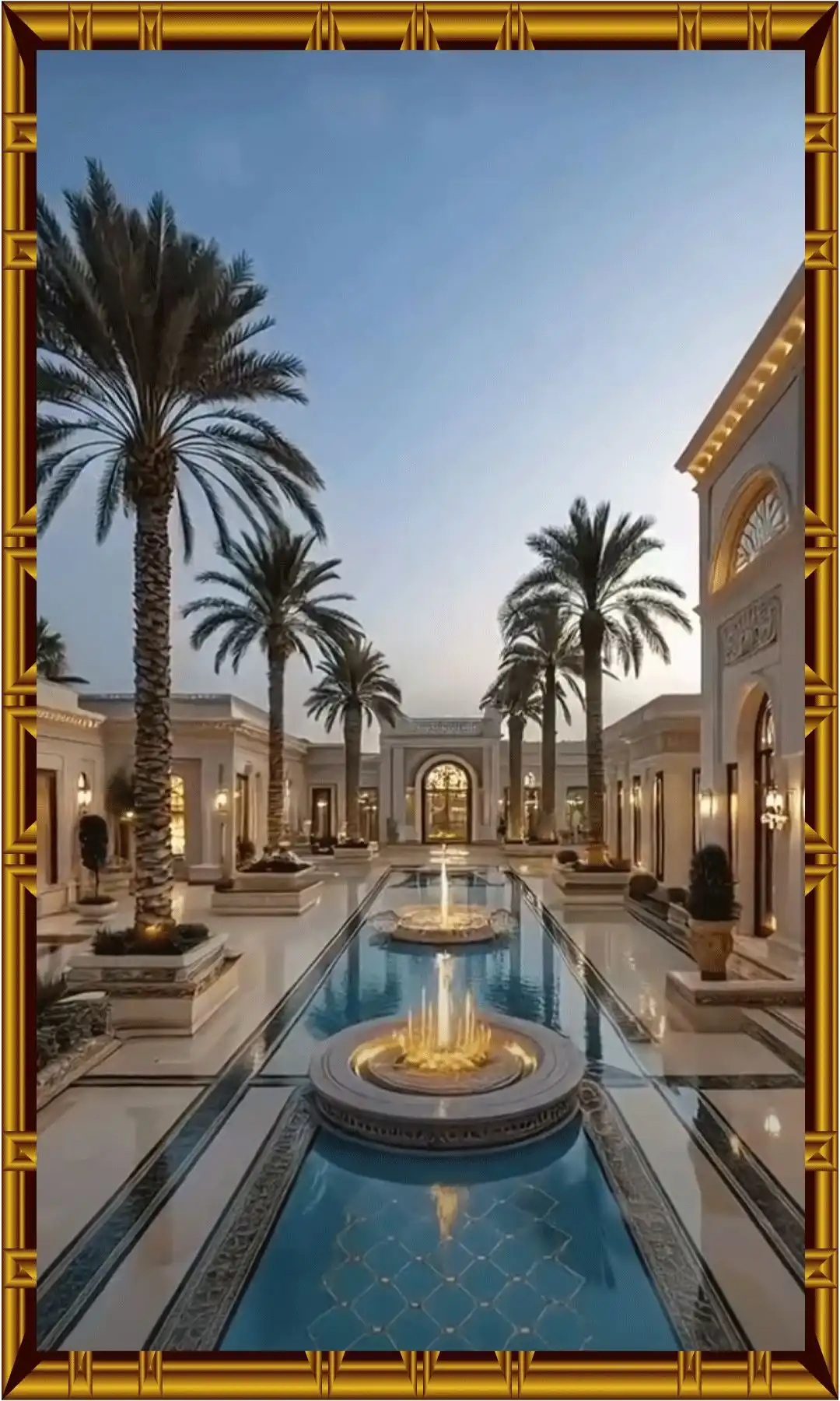 Outdoor home decor with swimming pool, tree, seating arrangement, and warm night lighting